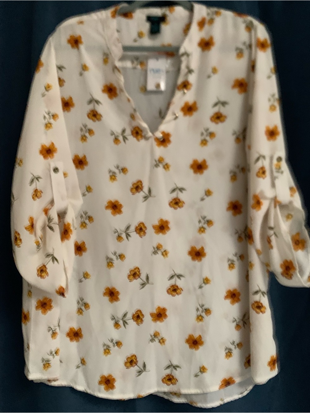 Cream Floral V-Neck Roll-Sleeve Blouse - Mustard Bloom
